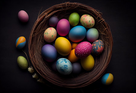 Colorful easter eggs in a basket on a black background.の素材