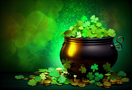 Pot of gold for St. Patrick's Day with clover leavesの素材