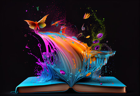 Open book with colorful paint splashes and butterfly flying out of itの素材