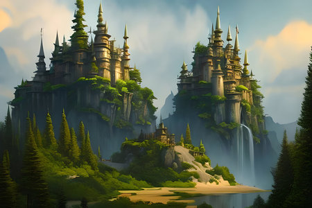 Huge fantasy fantasy rainforest with waterfalls and fairy-tale castlesの素材