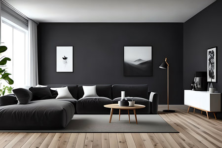 Dark living room interior with black walls, wooden floor, comfortable black sofa, coffee table and posters. 3d renderingの素材