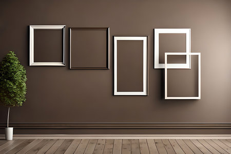 Empty frames on a brown wall, 3d rendering. Computer digital drawing.の素材