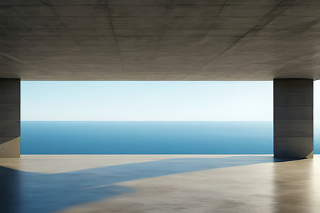 Empty concrete interior with sea view. 3d rendering, mock upの素材