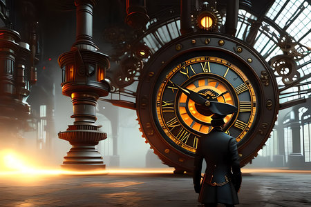 3d rendering of a man wearing a virtual reality headset with a clock in the backgroundの素材