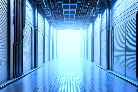 Futuristic corridor with glowing lights and reflections. 3D renderingの素材