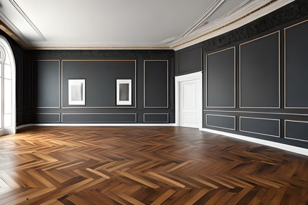 Empty room with black walls and parquet floor. 3d renderingの素材