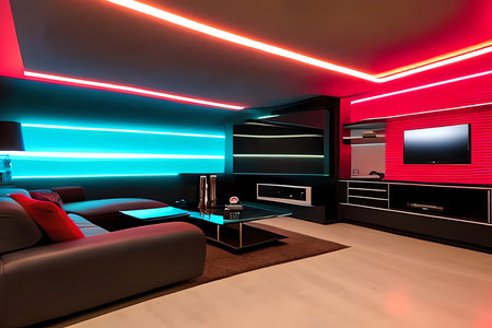 3d rendering of a modern living room with red and blue lightsの素材