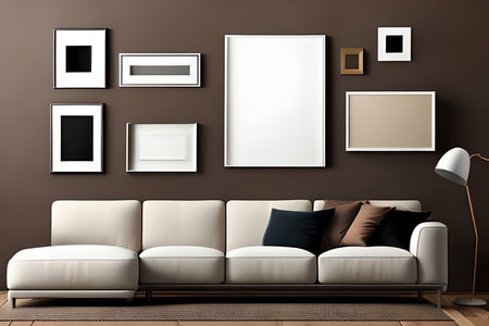 Interior of living room with white sofa and empty picture frames, 3d renderの素材