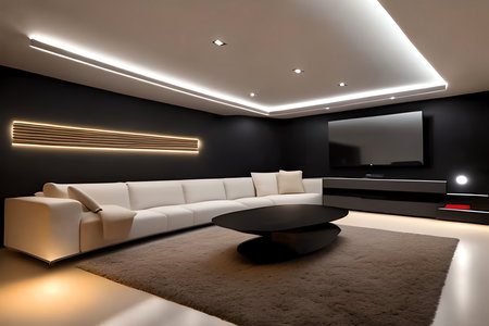 interior of modern living room with sofa and tv 3d renderの素材