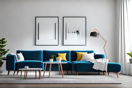 Modern living room interior with blue sofa, coffee table and two posters. 3d renderの素材