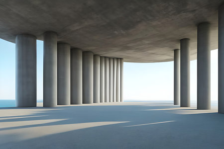 3d render of empty concrete interior with columns and blue sky backgroundの素材