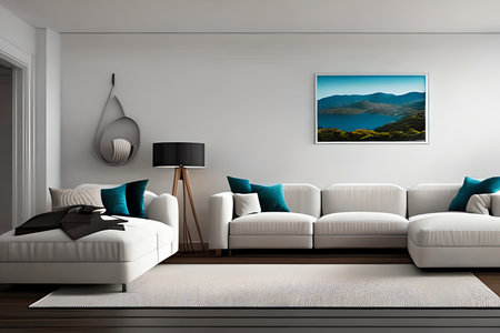 Interior of modern living room with white sofa  3D renderの素材