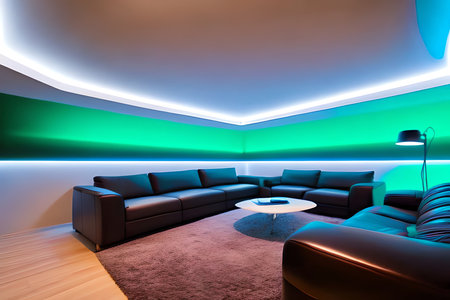 interior of modern living room with black leather sofa and green wallの素材