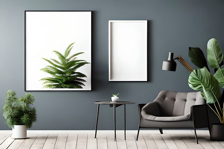 Interior of modern living room with gray walls, wooden floor, black armchair and white mock up poster frame. 3d renderingの素材