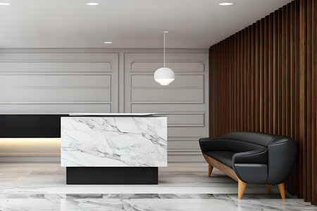 Interior of modern living room with white and wooden walls, tiled floor, white reception desk and black armchair. 3d renderingの素材