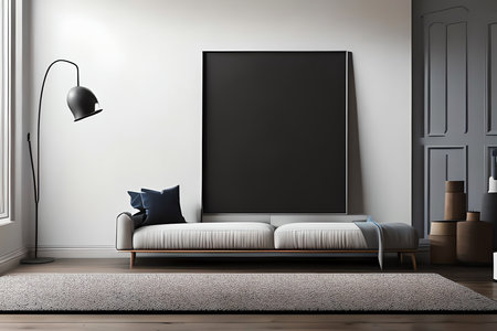 Interior of modern living room with white walls, wooden floor, comfortable sofa and black mock up poster. 3d renderingの素材