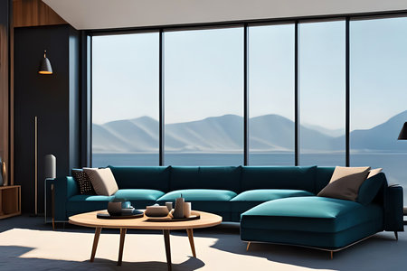 Interior of modern living room with gray walls, concrete floor, blue sofa standing near round coffee table and coffee table. 3d renderingの素材