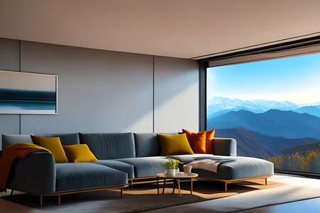 Interior of modern living room with panoramic view, 3D renderingの素材
