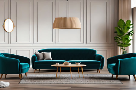 Interior of classic living room with white walls, wooden floor, green sofa with cushions and coffee table. 3d renderingの素材