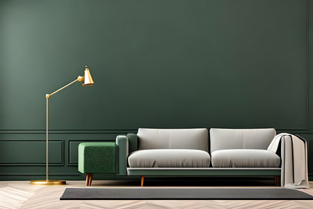 Modern living room interior with green wall, sofa and lamp. 3d renderの素材