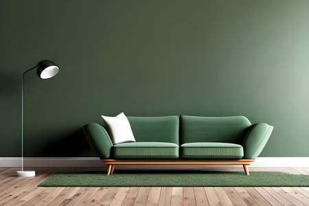 interior with green sofa, carpet and floor lamp, 3d renderの素材