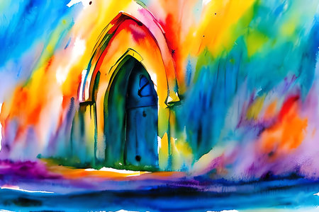 Rainbow church on watercolor background. Colorful abstract painting.の素材