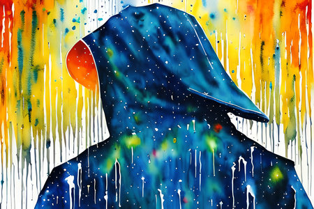 abstract illustration of a woman in a raincoat on a colorful backgroundの素材