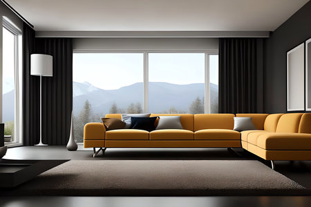 Interior of modern living room with black and white walls, concrete floor, yellow sofa and window with mountain view. 3d renderingの素材