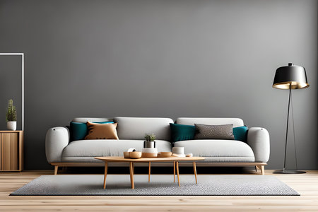 Modern living room interior with grey walls, wooden floor, sofa and coffee table. 3d renderの素材