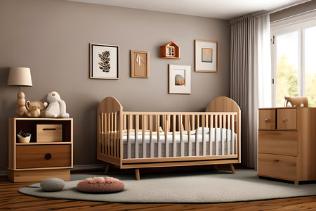 Baby room interior with wooden crib. 3d render. Interior design.の素材