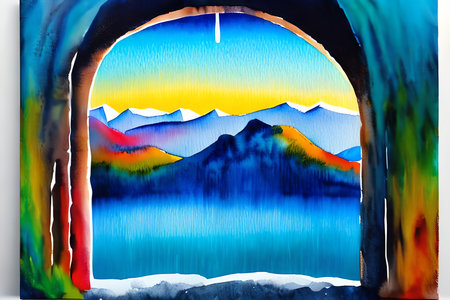 Abstract watercolor painting of mountains in the window. Artwork.の素材