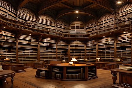 3D rendering of an old library with bookshelves and tablesの素材