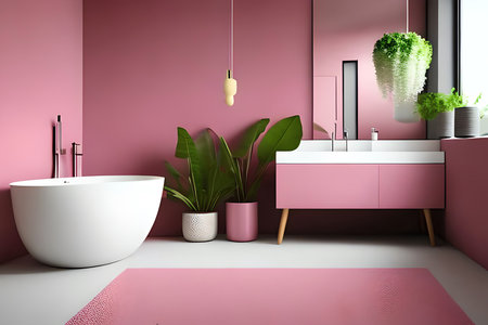 Interior of modern bathroom with pink walls, concrete floor, comfortable white bathtub standing near round mirror and green plants. 3d renderingの素材