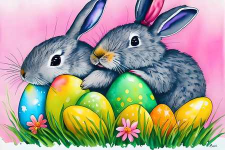 Easter bunny and eggs in the grass. Illustration for your designの素材