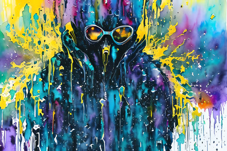 Mysterious man in the rain. Multicolored background.の素材