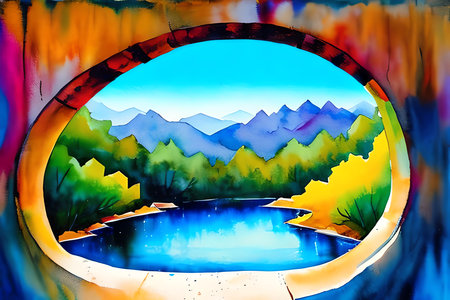 Landscape with lake, mountains and blue sky. Digital painting.の素材