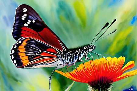 Butterfly on a flower in the meadow. Colorful illustration.の素材