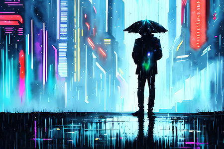 Man in raincoat and umbrella standing at night city with neon lightsの素材