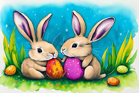Two Easter bunnies sitting on the grass with colored eggs.の素材
