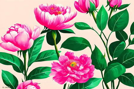 Pink peony flowers and green leaves. Vector illustration in retro style.の素材
