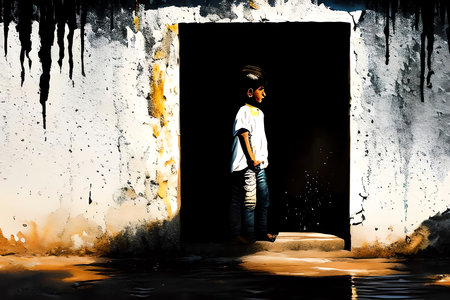 A young boy standing in front of an old door in India.の素材