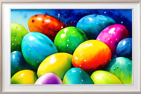 Easter eggs painted in watercolor in a frame. Vector illustration.の素材