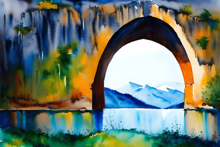 Watercolor painting of an arch in the middle of a lake.の素材