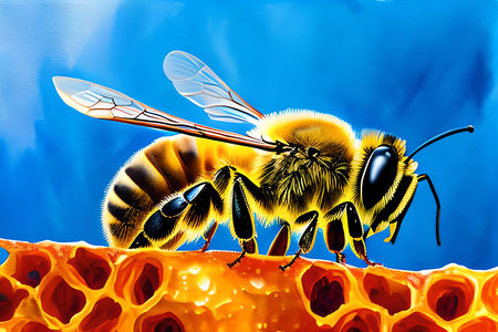 Honey bee on a honeycomb with honeycombs. Vector illustration.の素材