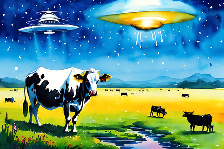 Illustration of flying saucer over the meadow with cows.の素材