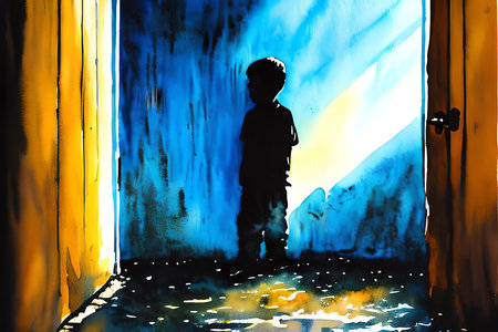 Silhouette of a boy in front of a painted wall.の素材