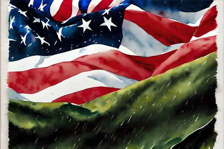 American flag in the rain. Watercolor painting on canvas. Hand drawn illustration.の素材