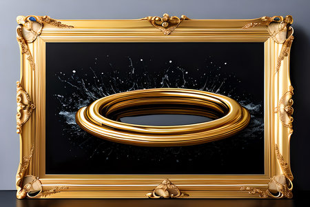 Golden picture frame on a black background. 3d rendering, 3d illustration.の素材