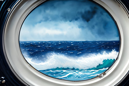 Close-up view of the sea from the porthole of a shipの素材