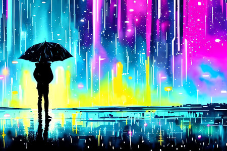 Woman with umbrella on the background of night city. Vector illustration.の素材